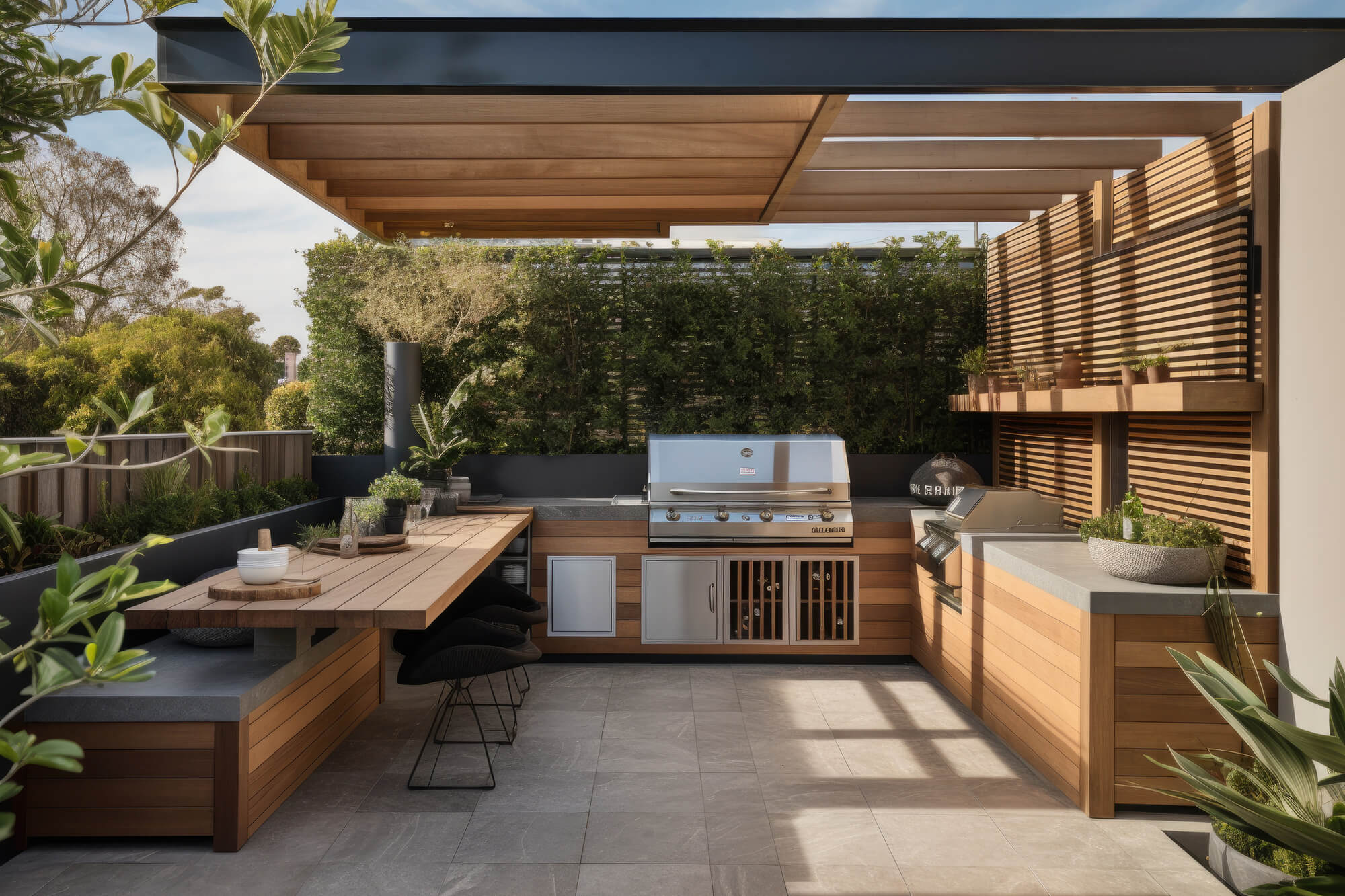 timber outdoor kitchen design plants